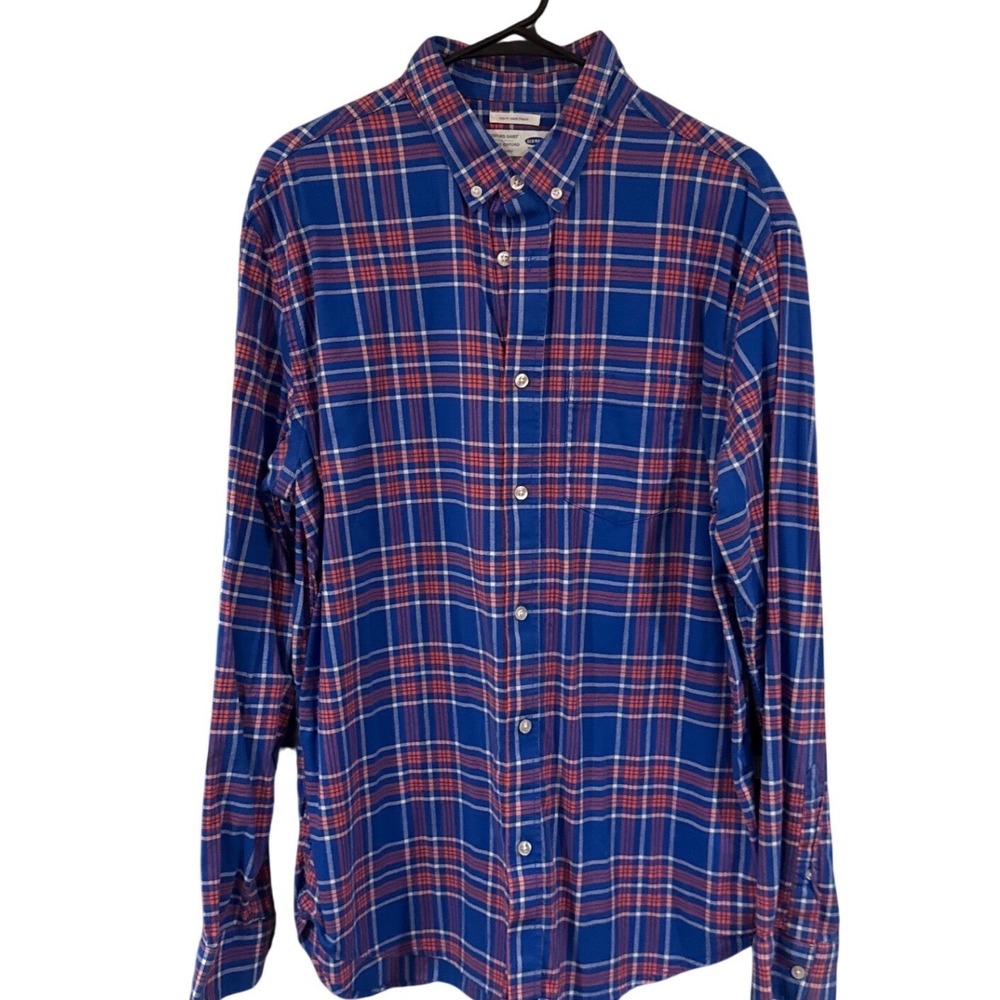 Old Navy Mens Slim Fit Oxford Shirt Large Blue Orange Plaid Stretch Long Sleeve
